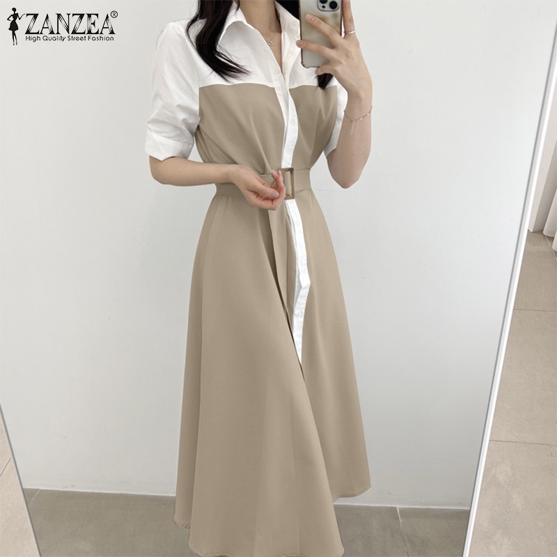 Đầm dài ZANZEA tay ngắn màu sắc tương phản phong cách Hàn Quốc thời trang cho nữ