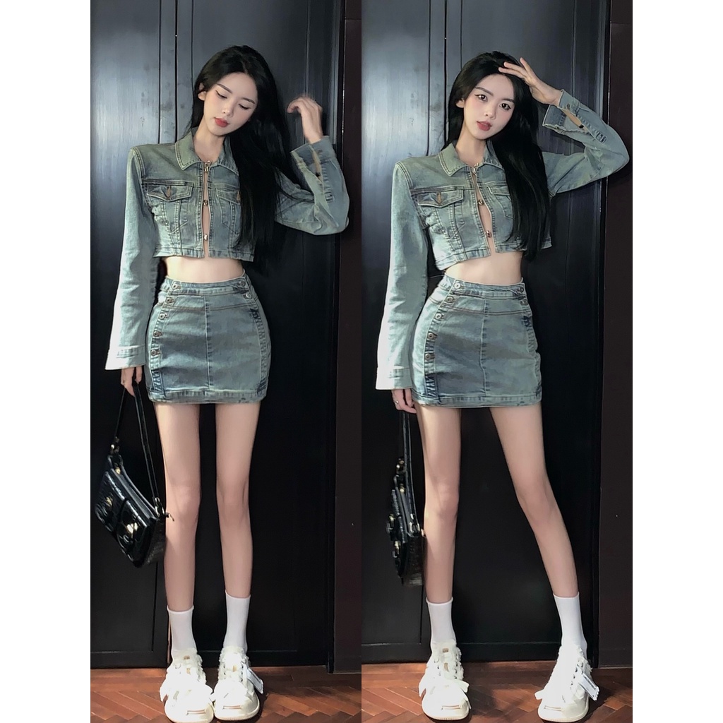 Set Áo Khoác Denim Tay Dài + Chân Váy Denim Eo Cao Phong Cách Hàn Quốc Mới Cho Nữ