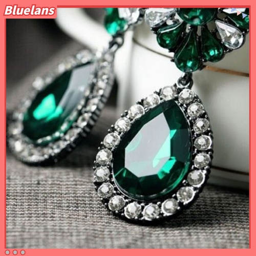 Bông tai đính đá xanh hình giọt nước và hoa nữ tính cổ điển