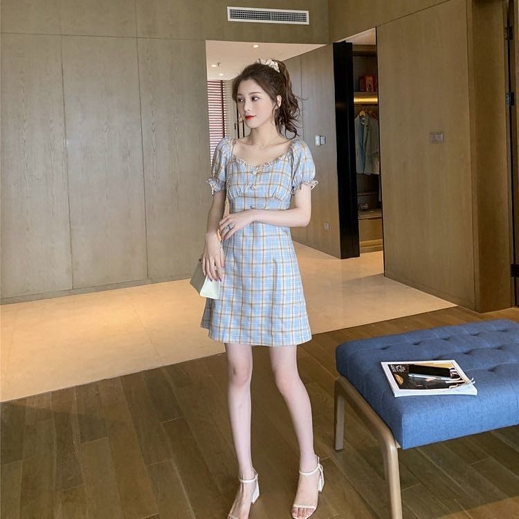 Đầm trễ vai kẻ sọc ca rô phong cách Pháp thời trang mùa hè retro | BigBuy360 - bigbuy360.vn
