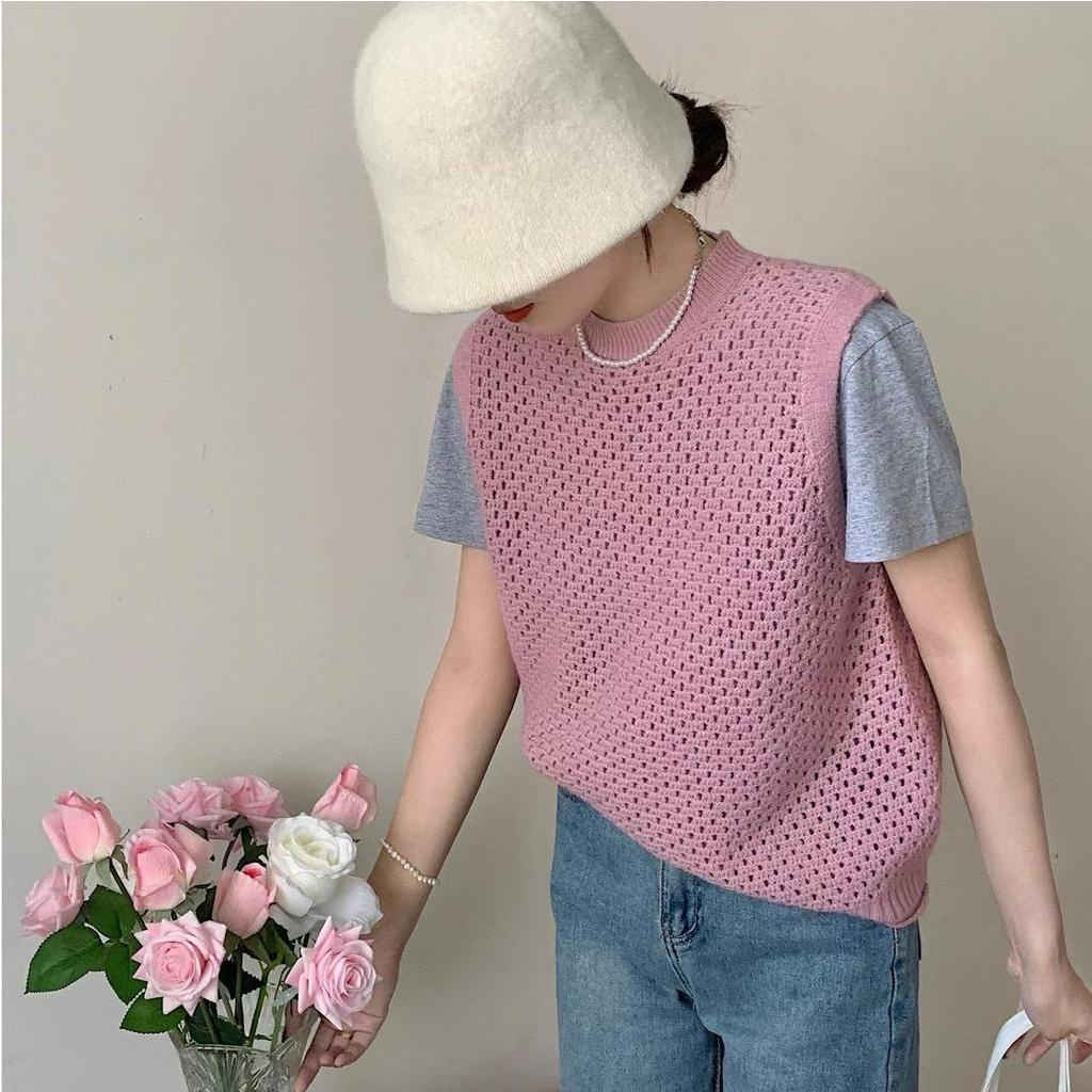 (HÀNG SẴN) Áo len sợi dệt móc lưới, form suông cọc tay có xẻ tà - Áo Gile đan len thoáng mát, trẻ trung