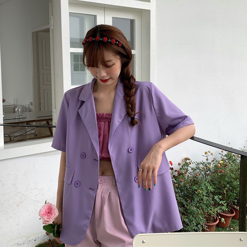 Áo Khoác Blazer Nữ Màu Tím Dáng Rộng Phong Cách Hàn Quốc