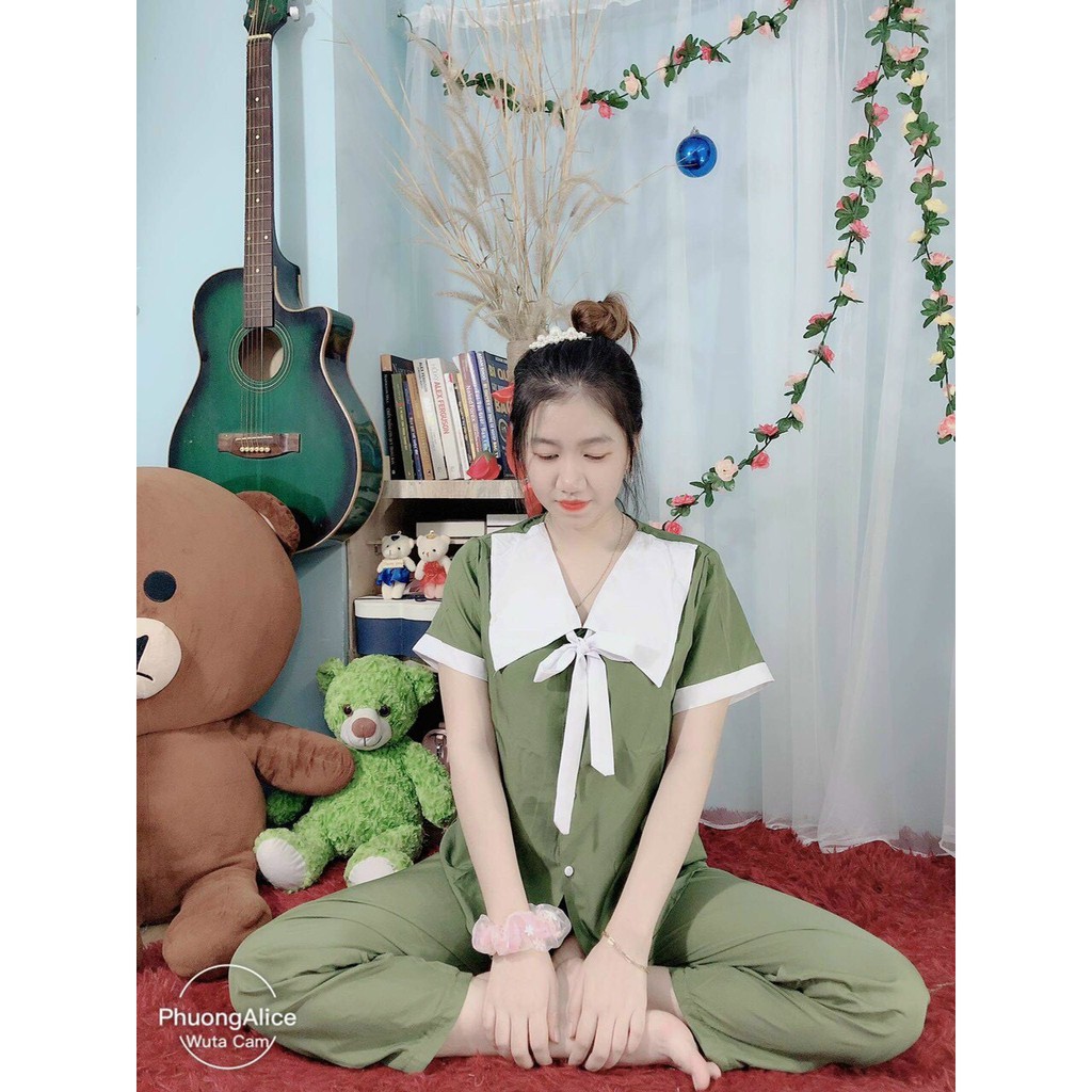 Bộ Lụa Mặc nhà Nữ|Pijama Lụa quần Dài Áo Cộc Phối Cổ  Trắng Thắc Nơ Siêu Xinh Freesize &lt; 55kg