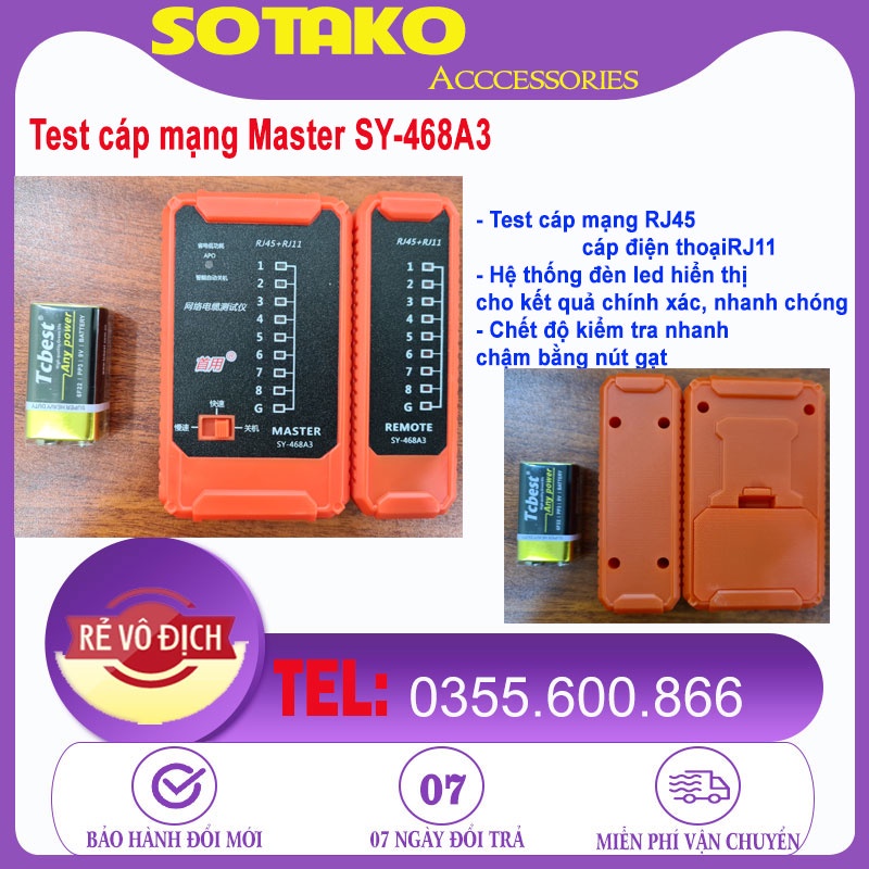 Hộp test dây mạng đa năng, test dây mạng, dây điện thoại rj11 - Tặng kèm Pin 9V