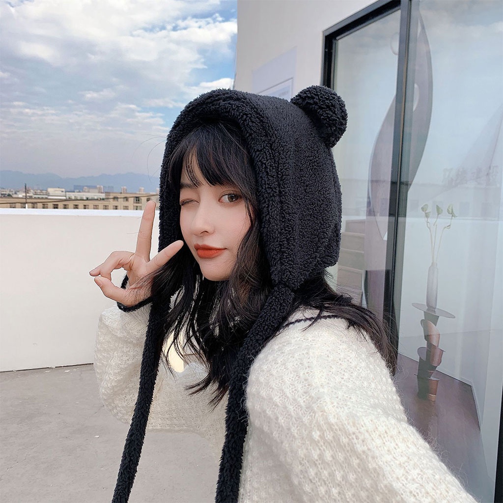 Mũ tai gấu nhung lông mềm mại ấm áp trong mùa đông đáng yêu cho nữ dùng làm đạo cụ chụp ảnh