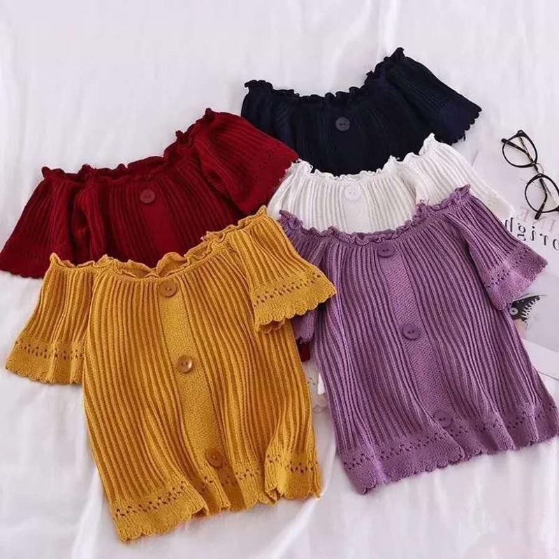 Áo Kiểu Dệt Kim Mỏng Tay Ngắn Hở Vai Nhiều Màu Phong Cách Pháp Thanh Lịch Cho Nữ