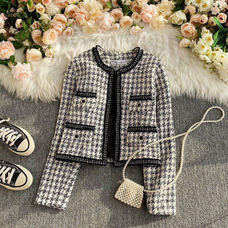 Áo dạ tweed cổ tròn, áo khoác dạ nữ dáng ngắn
