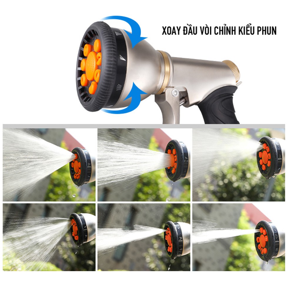 Vòi tưới cây đa năng 9 kiểu phun Lionking RC236. Chất liệu bằng kim loại. Tặng 1 khớp nối nhanh