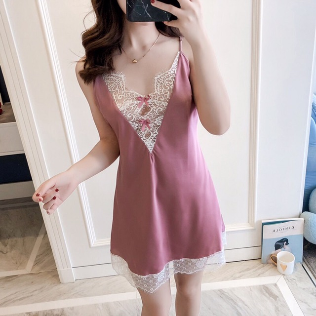 MỚI  SX077 -Váy ngủ sexy lụa satin quảng châu KELLY WANG ( 4 màu như hình)
