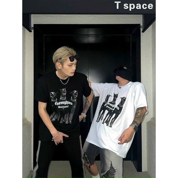 Áo thun tay lỡ in hình 3 chú chó có 4 màu