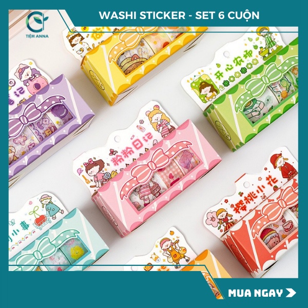 Set 5 Cuộn băng keo Washi Sticker in họa tiết dễ thương dùng để trang trí
