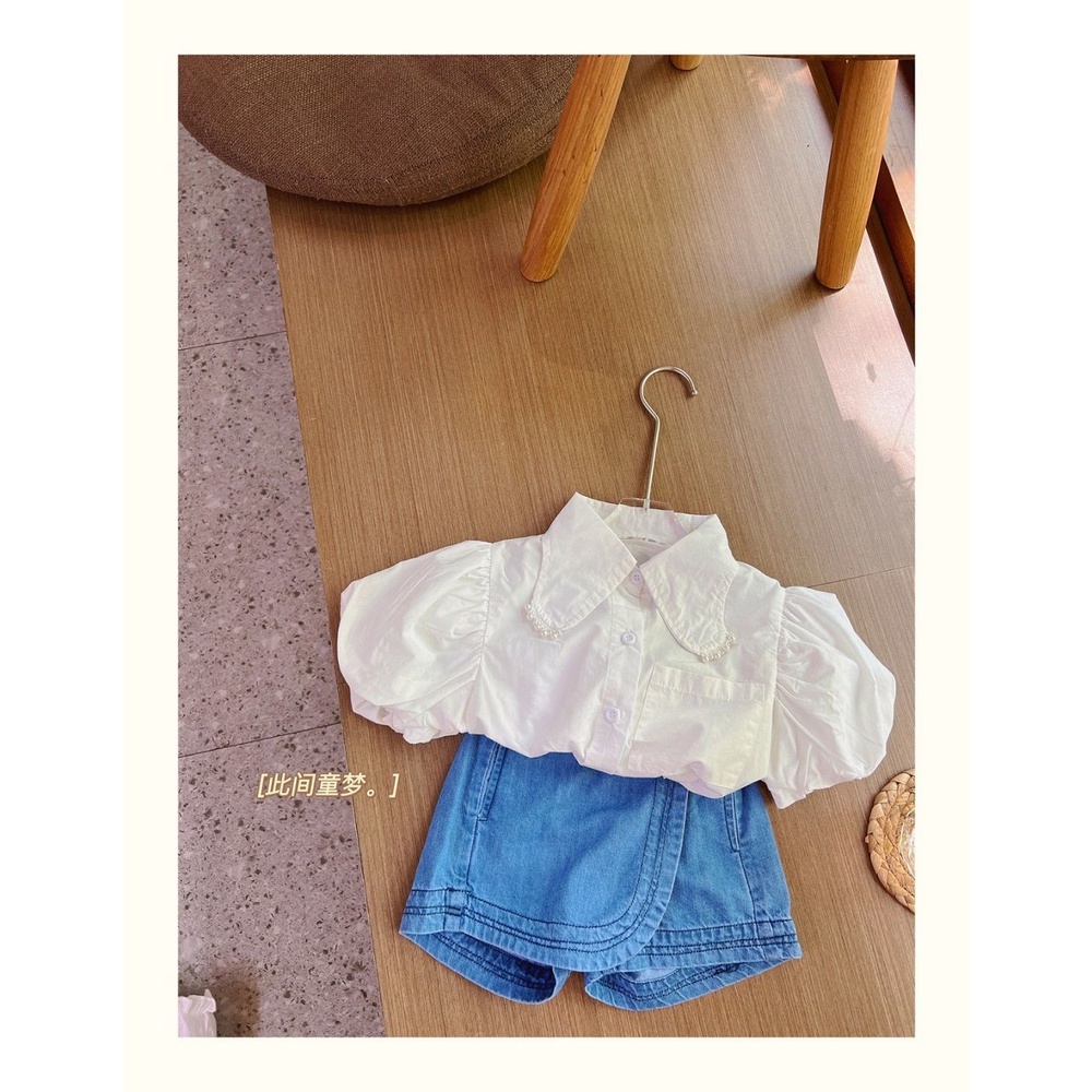 Hàng Mới Về Bộ Áo Sơ Mi Tay Phồng Phối Quần Short Denim Thời Trang Mùa Hè Cho Bé Gái 5