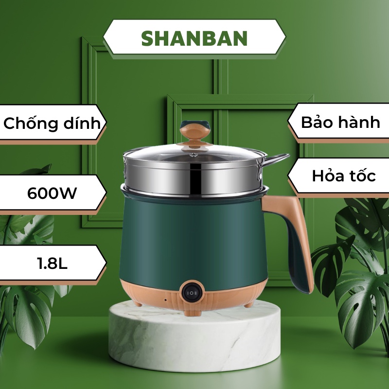 Nồi lẩu điện mini 2 tầng chống dính kèm khay hấp Inox, nồi nấu đa năng Shanban siêu xịn