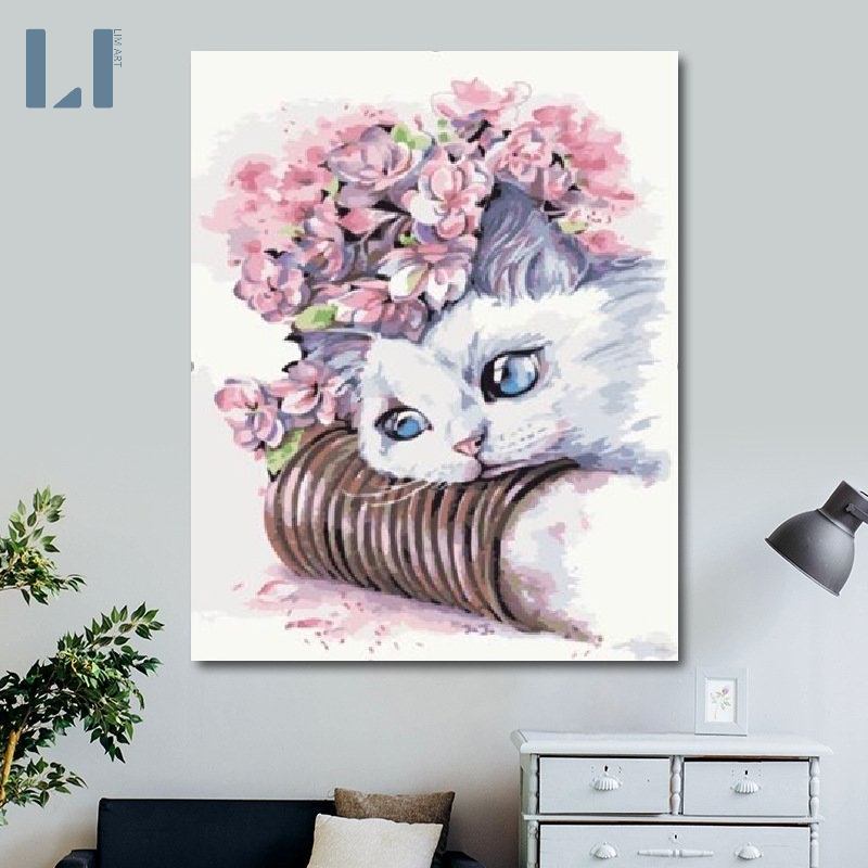 Tranh sơn dầu số hoá có khung LIM Art - Tranh tô màu theo số mèo T446