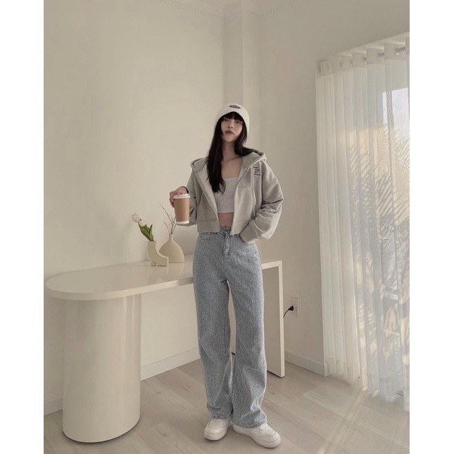 Áo khoác nỉ hoodie croptop zip form rộng dài tay dày dặn khóa kéo nữ