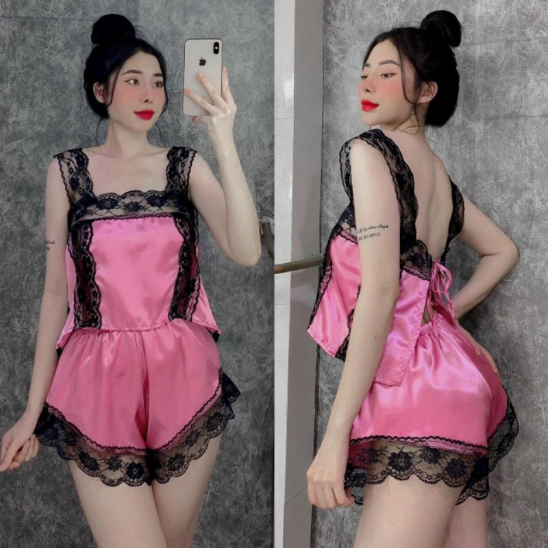 🌸🌸 Sét đồ ngủ phi lụa phối ren đen dễ thương mặc nhà🌸🌸 | BigBuy360 - bigbuy360.vn