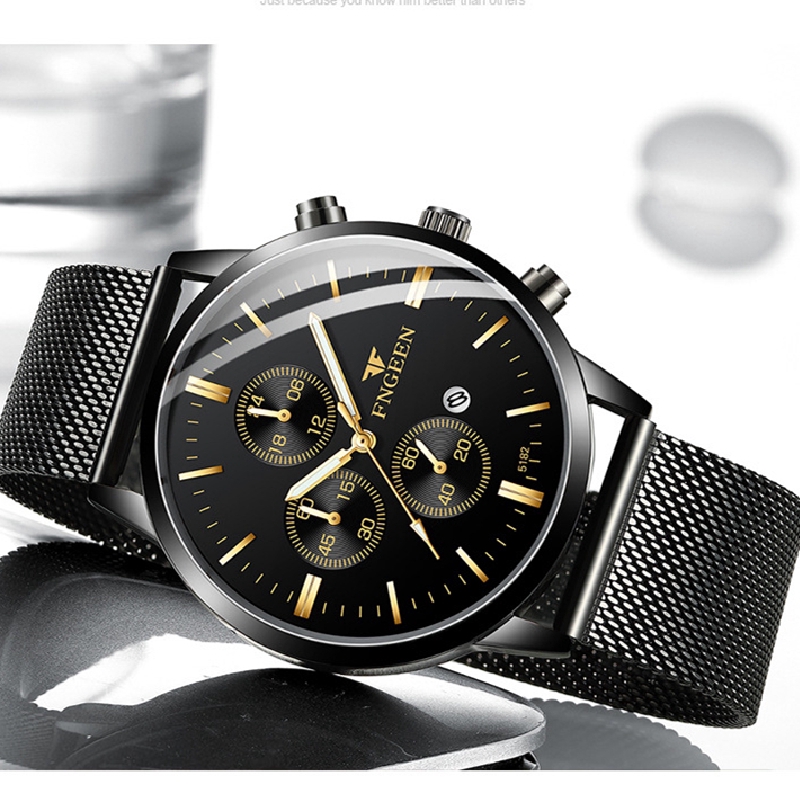 Đồng Hồ Quartz Fngeen 5128w Thiết Kế Dây Đeo Họa Tiết Lưới Cho Nam