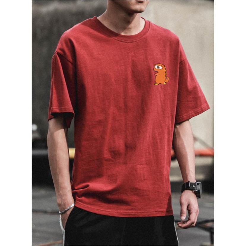 Áo thun cotton 100% oversize tay lỡ màu Đỏ Đô Unisex nam nữ Khung long Siêu cute - áo phông basic streetwear