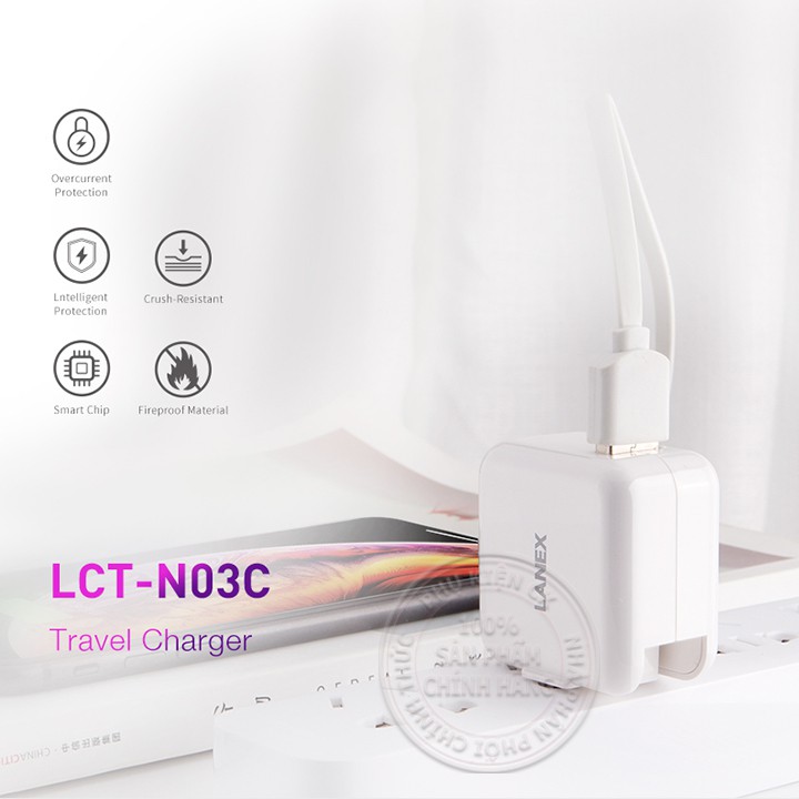 Cóc sạc nhanh Lanex LCT-N03C 1 cổng USB 2.1A-Tương thích nhiều thiết bị