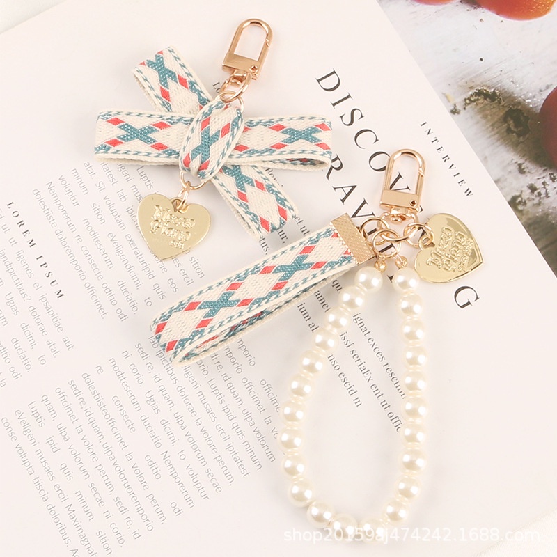 Móc khóa dây ruy băng nhỏ xinh sáng tạo bằng hợp kim đính ngọc trai tình yêu