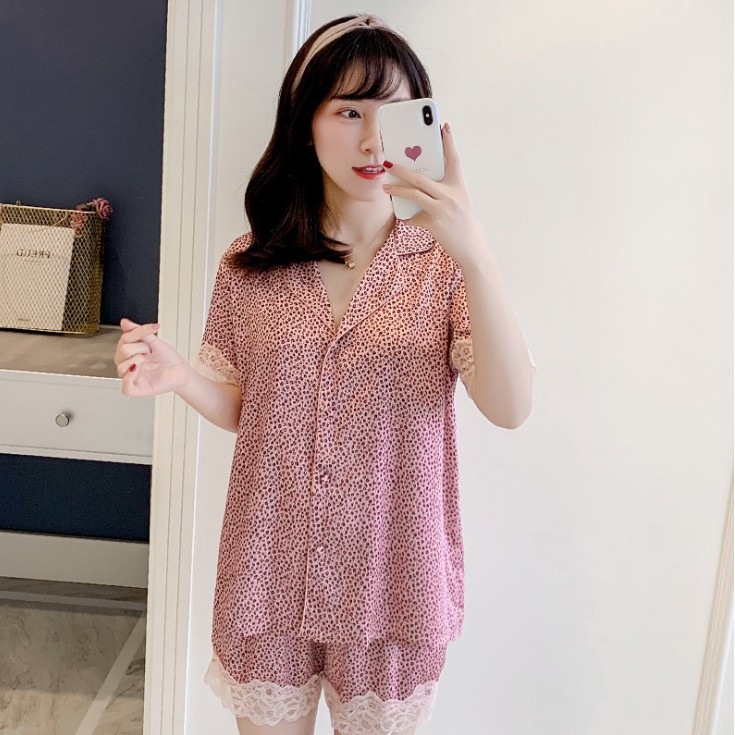 Bộ Mặc Nhà Pijama Lụa Mát Phối Ren Báo Hồng CT293