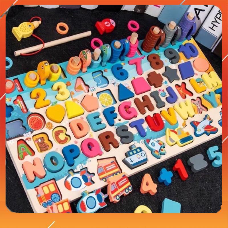Bộ đồ chơi gỗ 6 in 1 giúp bé học chữ cái, số đếm, ghép hình đồ chơi phương tiền giao thông kèm thả vòng câu cá cho bé