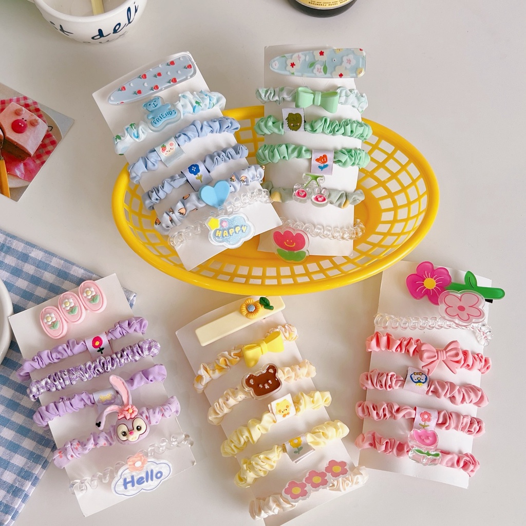 Set 6 Dây Cột Tóc Cao Su Co Giãn Tốt Họa Tiết Hoạt Hình Dễ Thương Cho Nữ