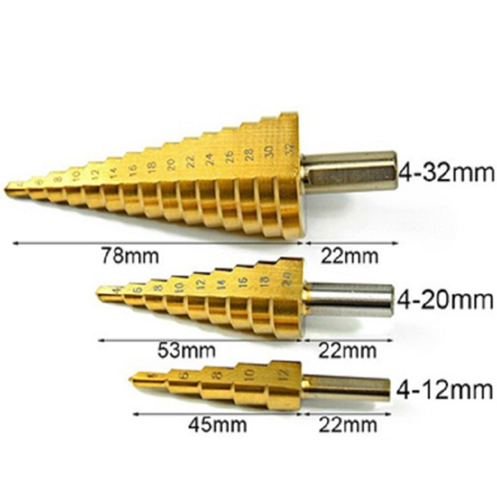 Bộ 3 mũi khoan tháp tầng bước [ BH - 12 Tháng] titanium 4-32mm khoan sắt , tôn,..đa năng