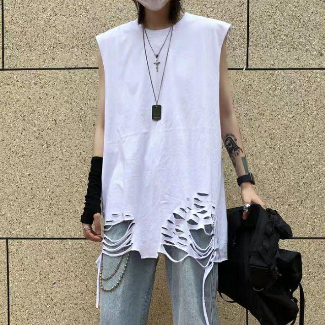Áo tank top 95% cotton rách gấu tạo layer đen trắng - Áo ba lỗ bóng rổ unisex nam nữ