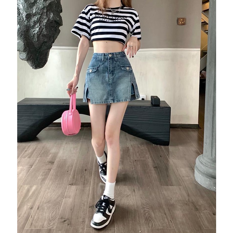 Chân váy denim xẻ tà lưng cao thiết kế thời trang phong cách mùa hè