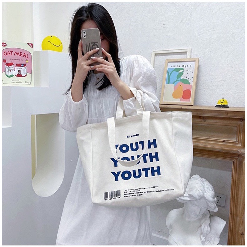 Túi tote túi vải canvas cỡ lớn Youth phong cách Hàn quốc có khóa miệng ngăn phụ bên trong thời trang ulzzang-Haka store