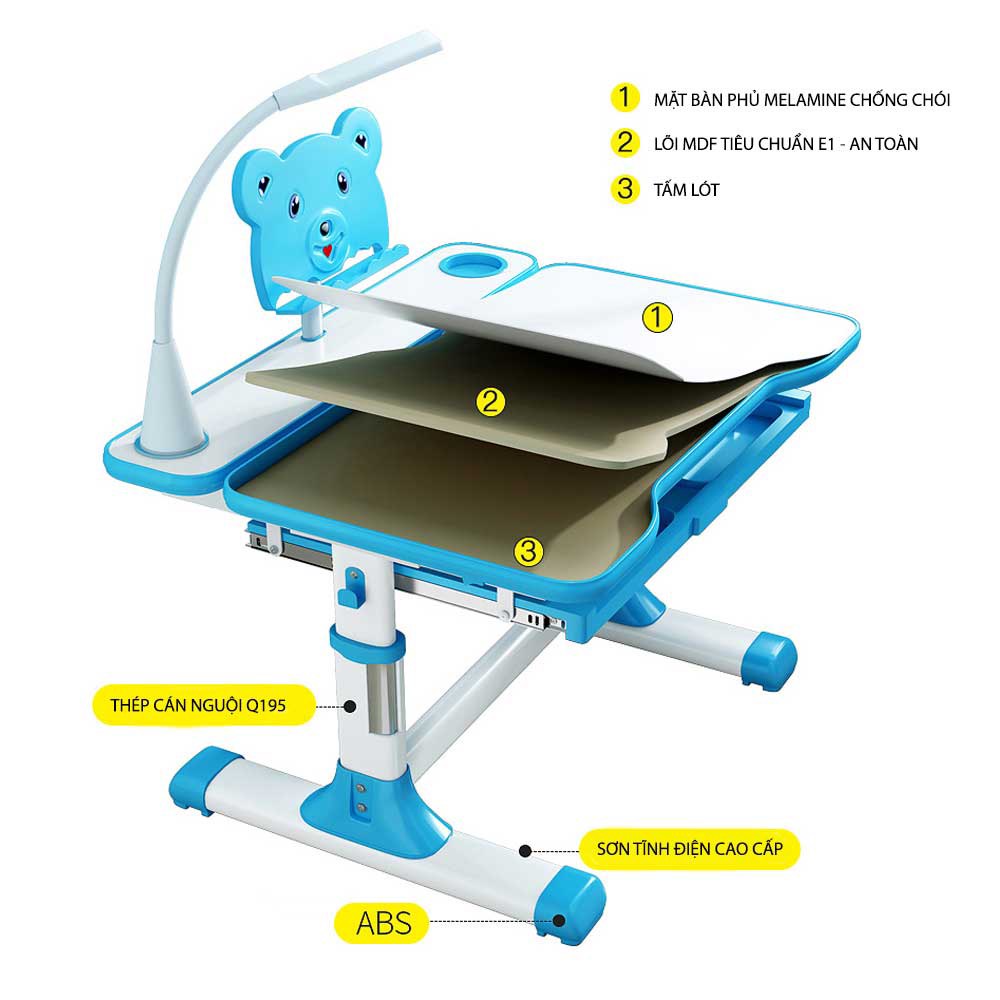 Bàn học cho bé chống cận chống gù, bàn học sinh thông minh chỉnh được độ cao có giá đỡ sách và ngăn kéo SKYA  A71