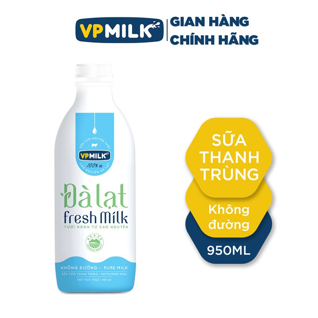 [INBOX TRƯỚC KHI MUA HÀNG] Sữa Tươi Thanh Trùng VPMilk Đà Lạt Fresh Milk - Không Đường 950ml, Sữa Bò Tươi Nguyên Chất