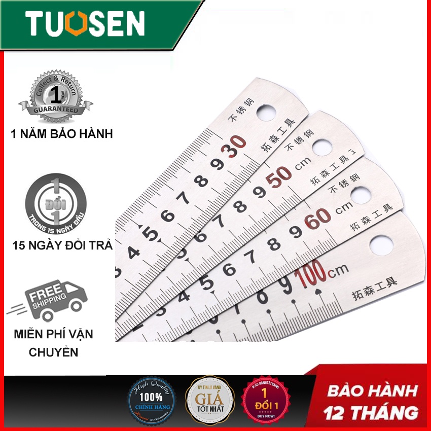 Thước thép 2 mặt dài 30cm, thước lá thép hai mặt với độ dài 30cm, có 2 màu chữ đỏ và đen - Chính hãng TUOSEN