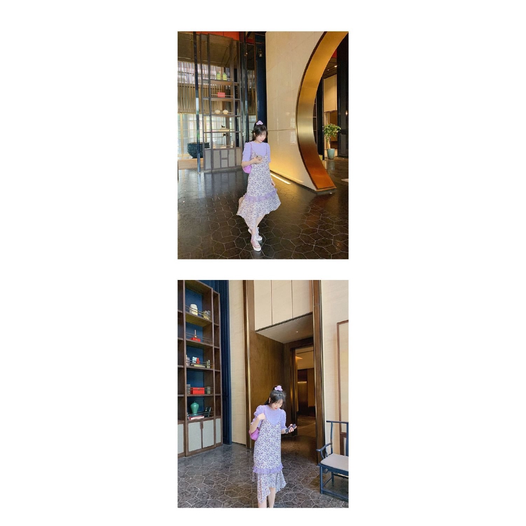 Set Áo Thun Tím Phối Váy Hoa Dài Dây Thời Trang Nữ Tính | BigBuy360 - bigbuy360.vn