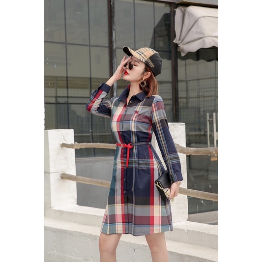 Đầm sơ mi tay ngắn dáng suông hoạ tiết kẻ thương hiệu Burberry BBR cao cấp
