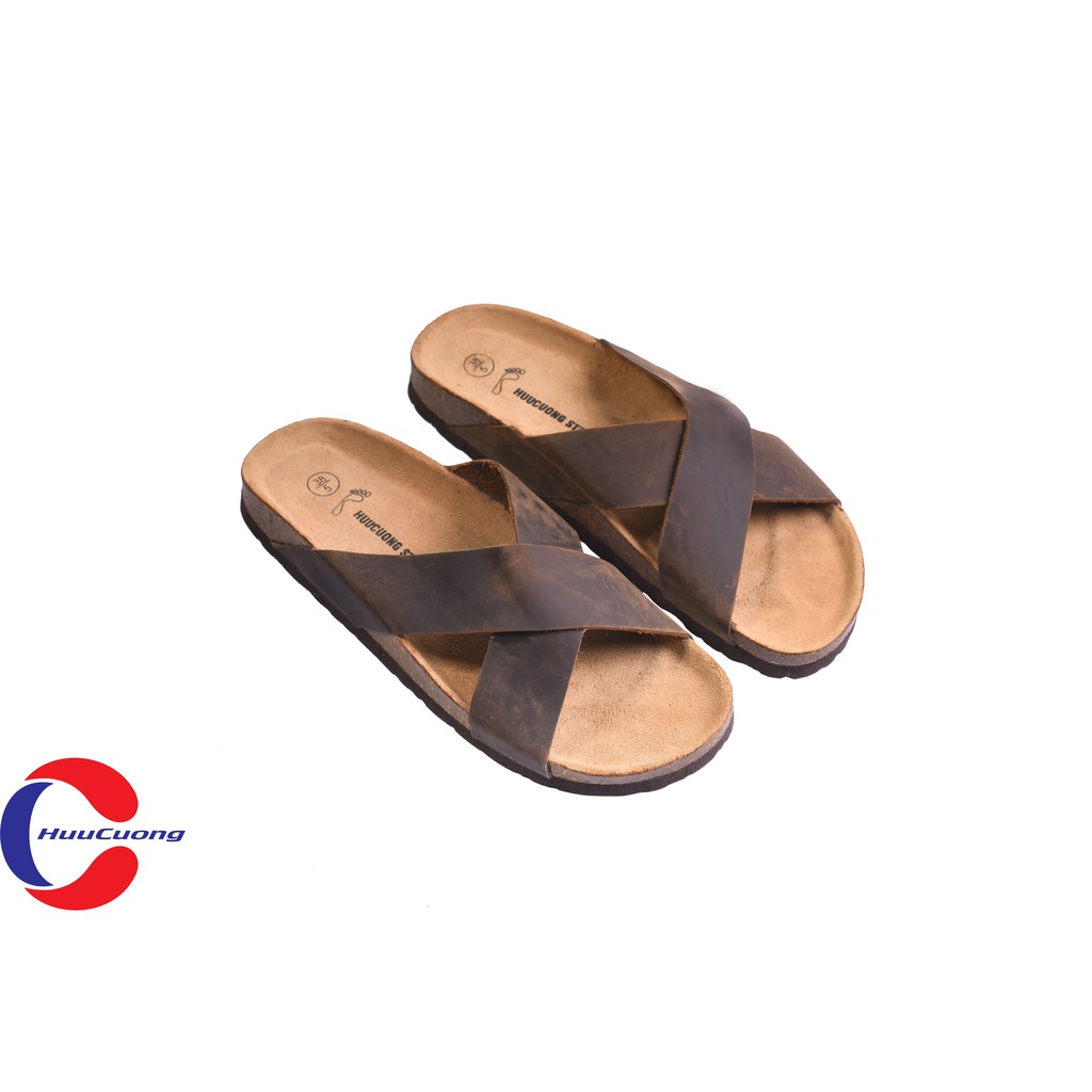 Dép quai chéo da bò nâu đế trấu | BigBuy360 - bigbuy360.vn