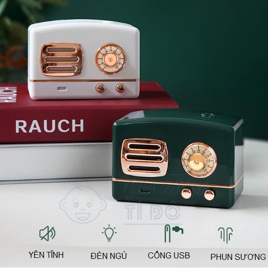 Máy Phun Sương Tạo Ẩm Không Khí Để Bàn Dung Tích 200ml Có Đèn Led Kiểu Dáng Radio Cổ Điển