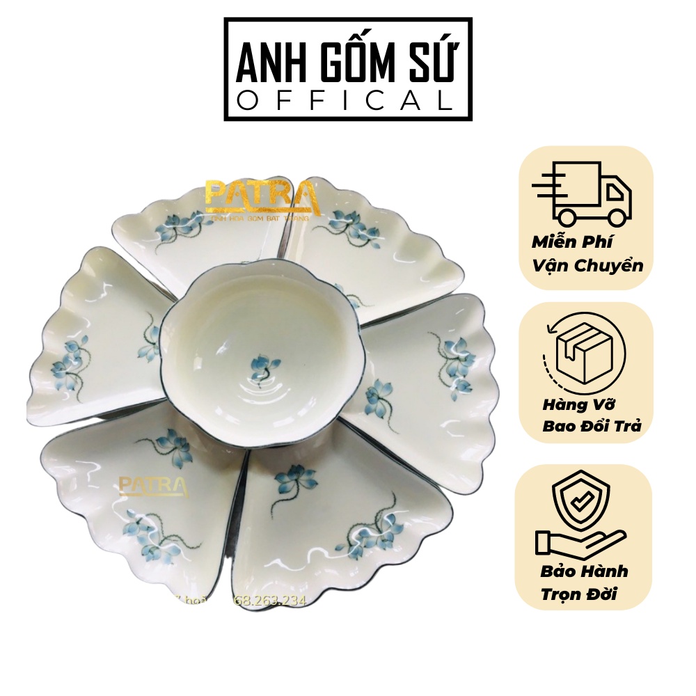 Bộ bát đĩa hoa mặt trời men kem Bát Tràng cao cấp, họa tiết sen xanh thờ cúng gia tiên