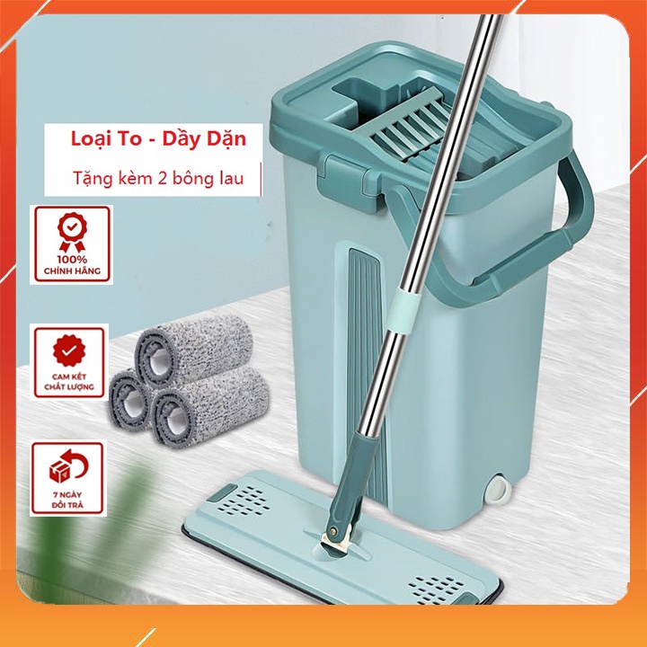 Bộ cây lau nhà xoay 360 độ tự vắt thông minh 2 vách ngăn cao cấp loại to, dầy dặn (Tặng kèm thùng, 2 miếng lau)