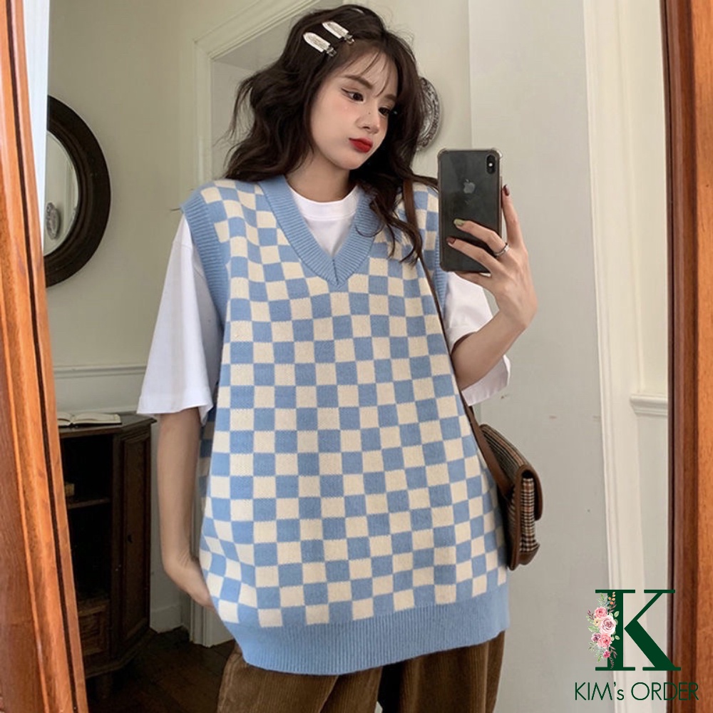 Áo len gile cổ chữ V kẻ caro xanh trắng nam nữ unisex không tay sát nách chất len loại 1 dày dặn mịn năng động đi học
