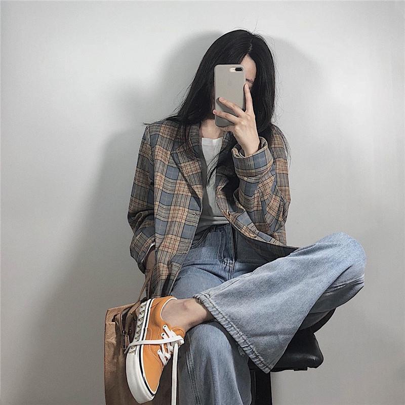 Áo Khoác Vest Kẻ Sọc Ca Rô Dáng Rộng Phong Cách retro Hàn Quốc 2022