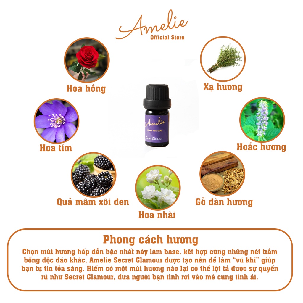 Nước Hoa Vùng Kín Amelie Secret Glamour 5ml - Hương Hoa Hồng, Hoa Tím, Quả Mâm Xôi Đen, Gỗ Đàn Hương Dịu Dàng Nữ Tính