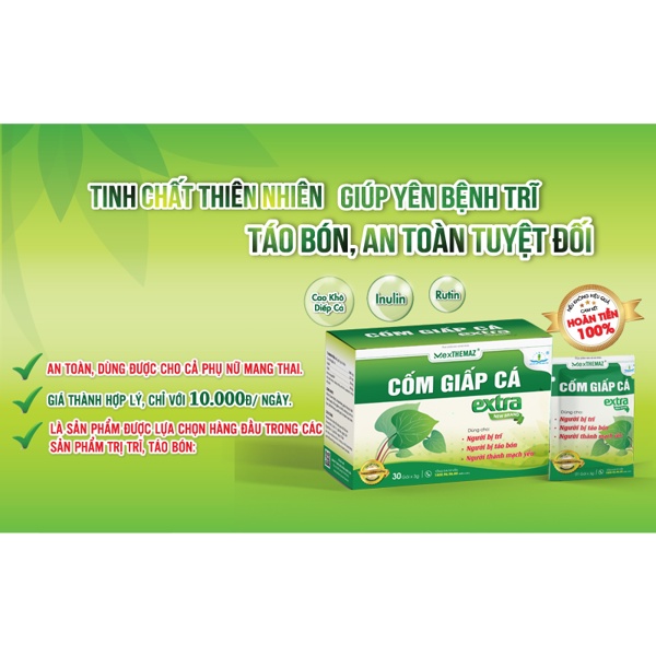 Gói uống CỐM GIẤP CÁ EXTRA (Hộp 30 gói), giảm các triệu chứng của trĩ và tăng sưc bền thành mạch; hỗ trợ nhuận tràng