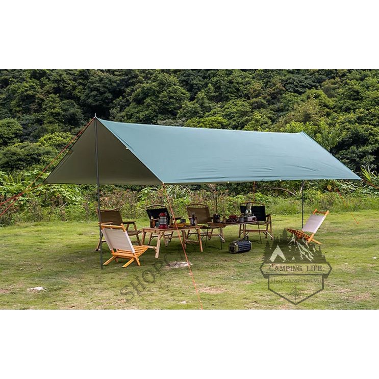 Bộ tăng /tarp bạt che Xanh lá, Xanh dương kèm trụ sắt 3x3m/3x4m/3x5m dành cho cắm trại dã ngoại