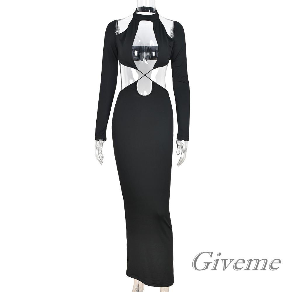 GIVEME-Women Long Sleeve Halter Neck Solid Color Hollow Pleated Slim Fit Black Cut Out Dress