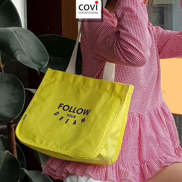 Túi Tote Vải Canvas Hàn Quốc Phối Chữ Follow Màu Đen, Vàng, Xanh Thương Hiệu COVI- T46