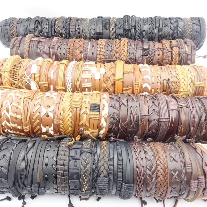 Set 10 Vòng Tay Handmade Bằng Da Màu Đen / Nâu Thời Trang Cho Nam Và Nữ