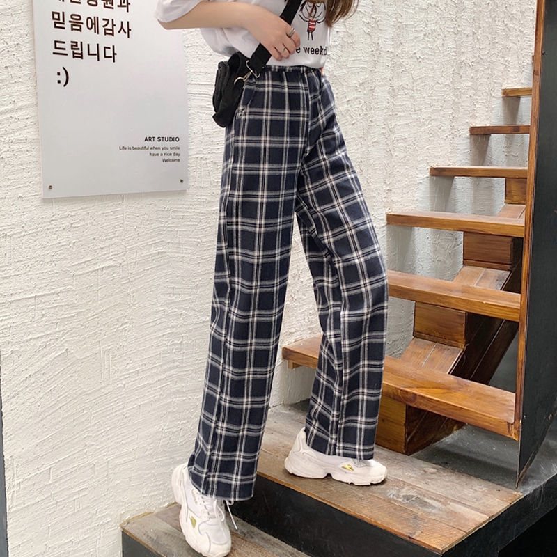 SUXI Quần Dài Ống Rộng Họa Tiết Ca Rô Thời Trang Dành Cho Nữ