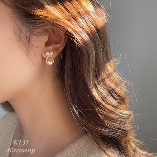 Bông tai, Khuyên tai nữ bạc mạ vàng ngọc trai nhân tạo nơ tròn đính đá sang chảnh, nữ tính K131| TRANG SỨC BẠC HARMONY